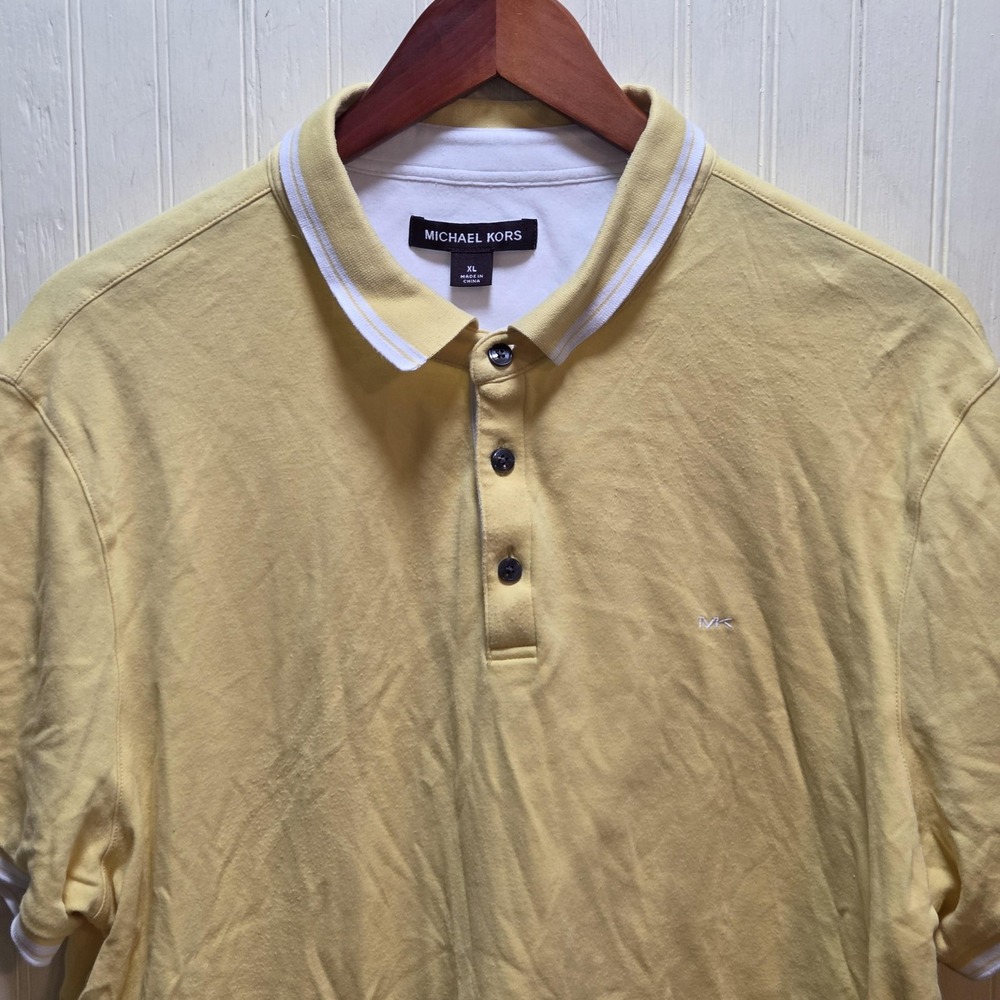 Michael Kors Polo Shirt Mens XL‎ Yellow Short Sleeve Cotton Contrast Collar Logo